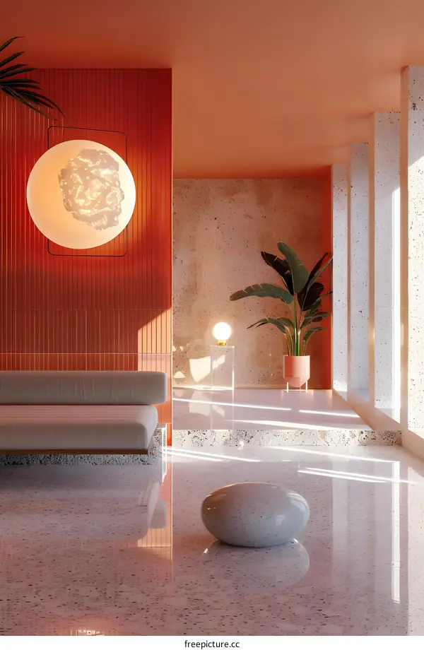 Modern interior with terrazzo floor and orange wall
