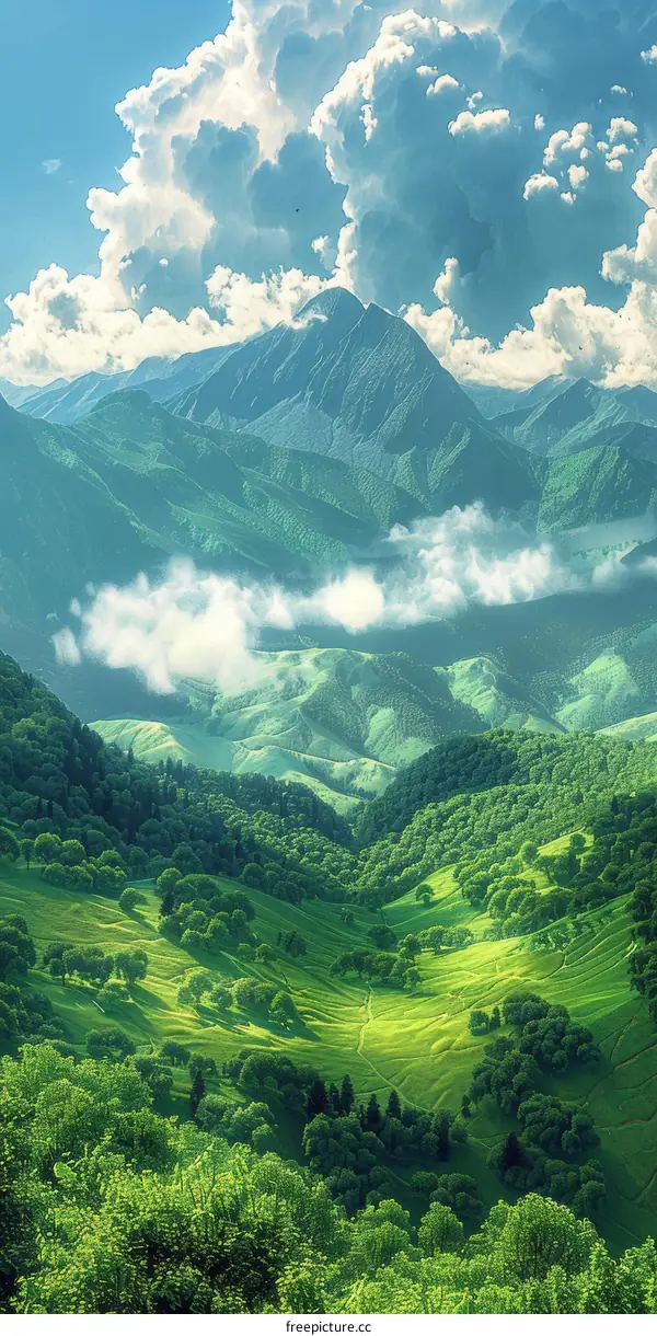 Green mountains and valleys under blue sky and white clouds