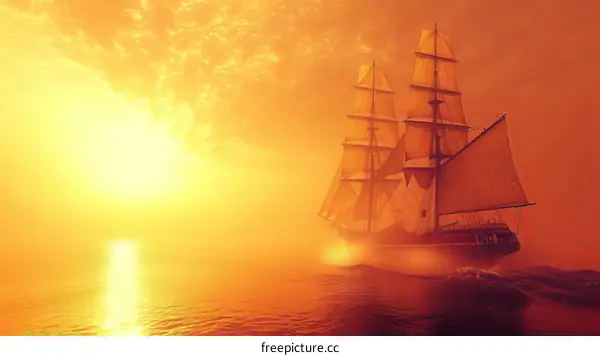 The setting sun casts a golden glow on the sea and a majestic ship with billowing sails