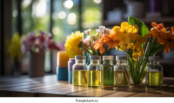 Bottles of Essential Oils with Vibrant Flowers