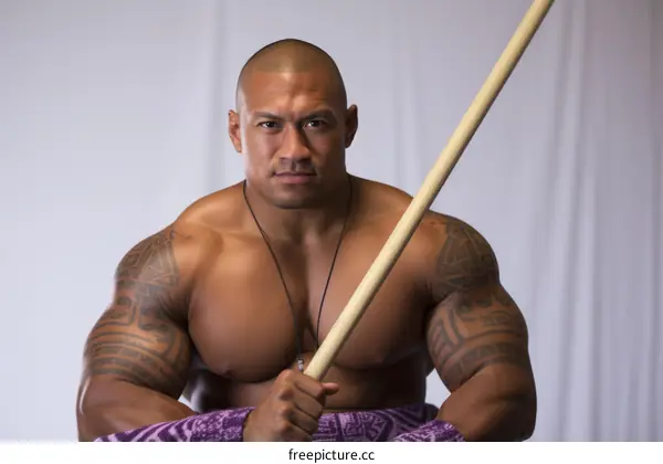 Portrait of a Maori man holding a Taiaha