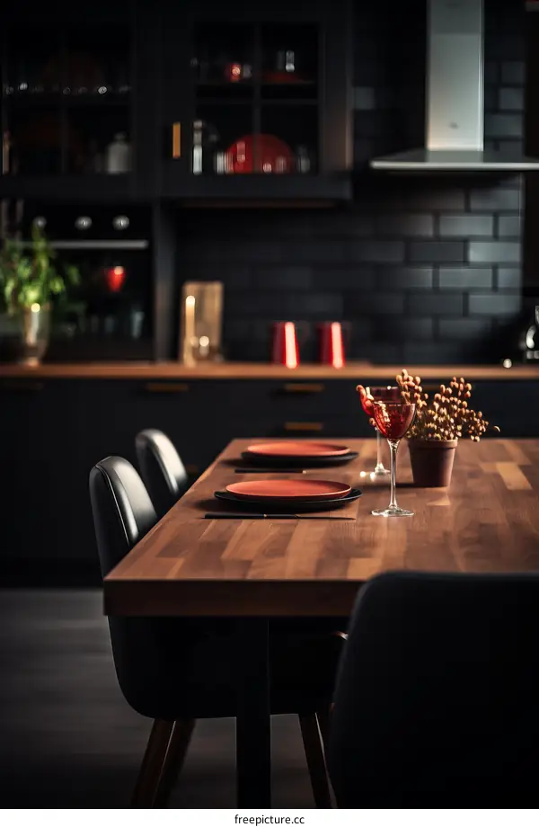 A wooden table with two place settings in a modern kitchen