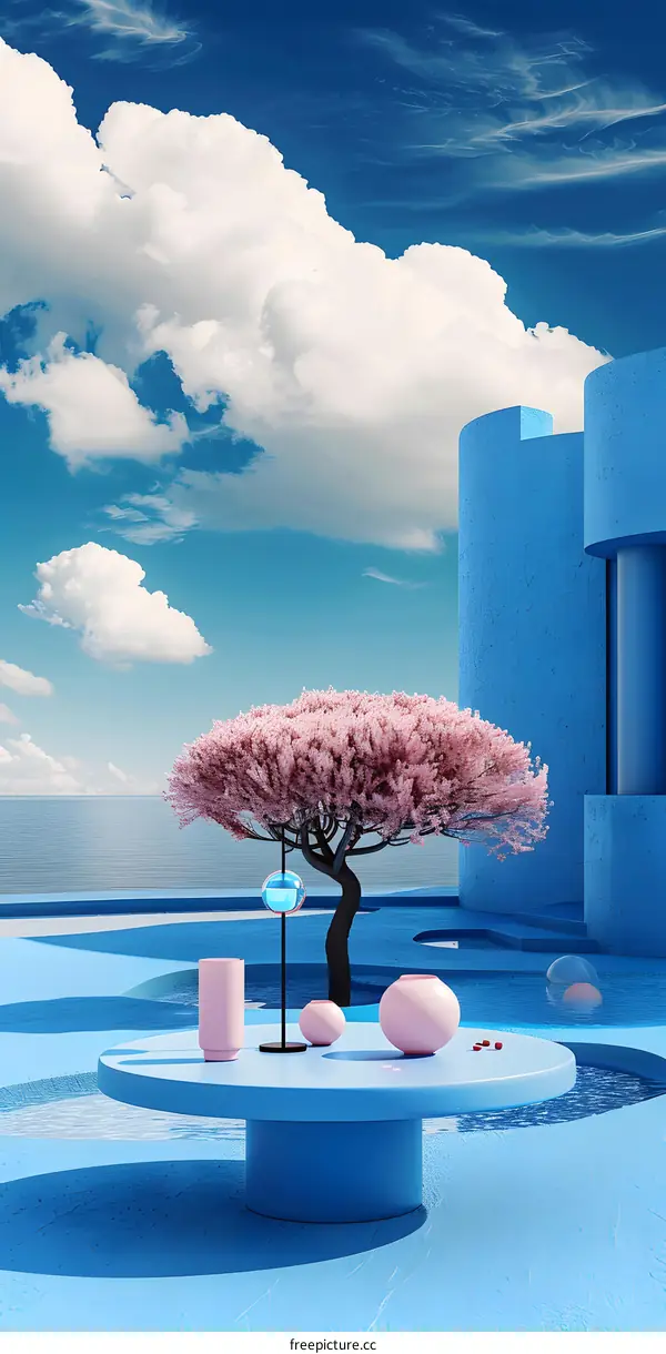 Minimalist Blue and Pink Landscape With a Tree and Decorative Objects