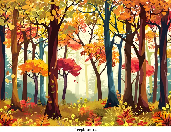 Autumn Forest Illustration with Colorful Trees