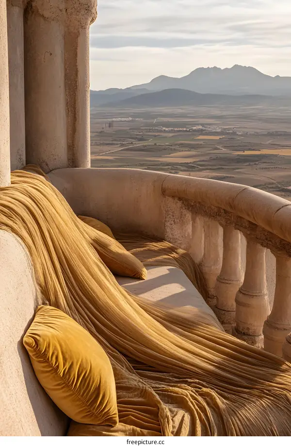 Golden Fabric Draped on Balcony With Mountain View