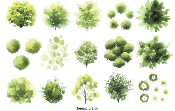 [Transparent Background PNG]Collection of Watercolor Tree and Shrub Top Views