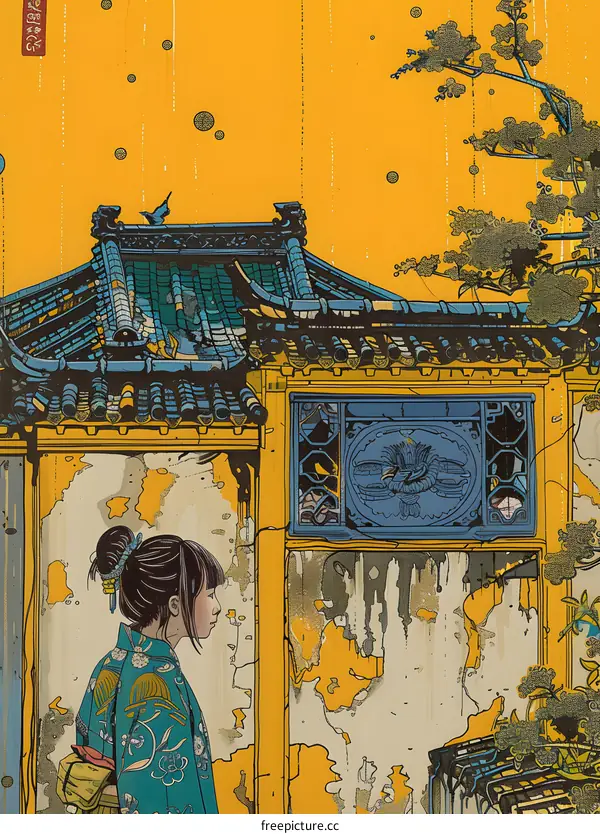 Girl in Traditional Kimono Standing in Front of a Yellow Building