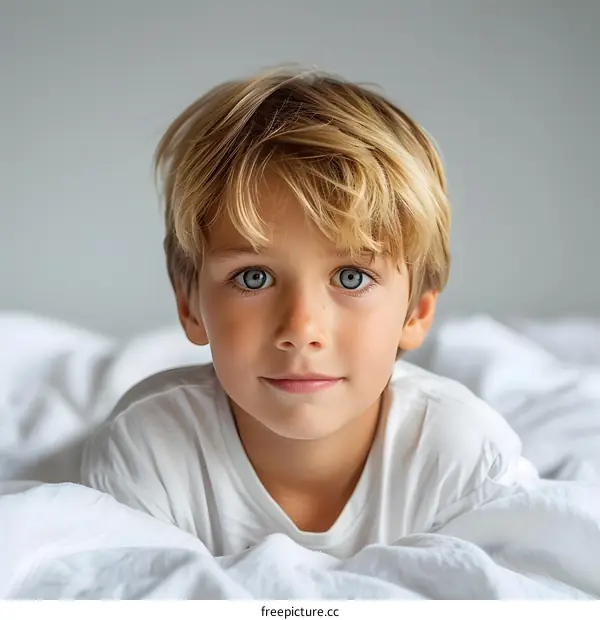 Portrait of Young Boy with Blonde Hair Lying on Bed