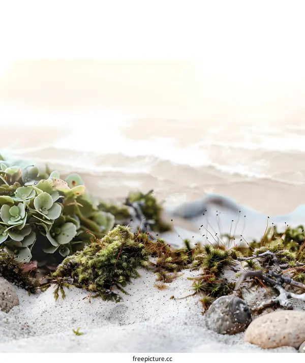 Close Up of Green Moss and Sand On a Beach