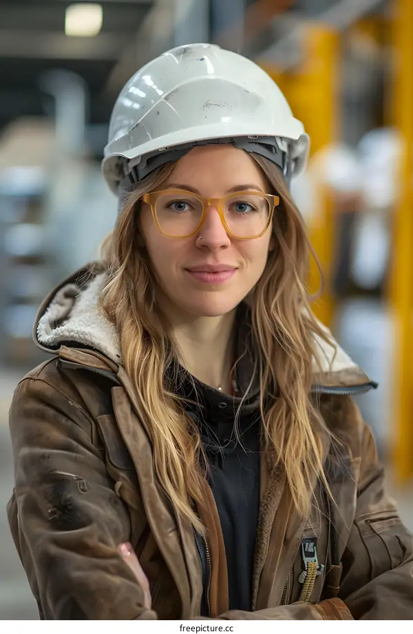 portrait of a young woman wearing a hard hat and safety glasses