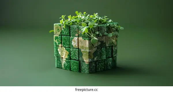 Green Earth Concept with a Puzzle Cube and Seedlings