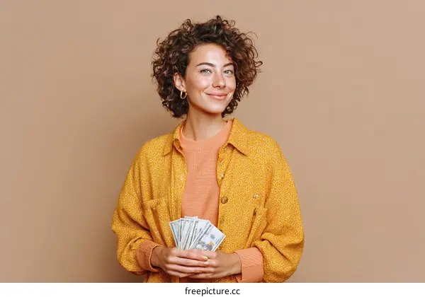 Smiling Woman Holding Money in Studio Portrait