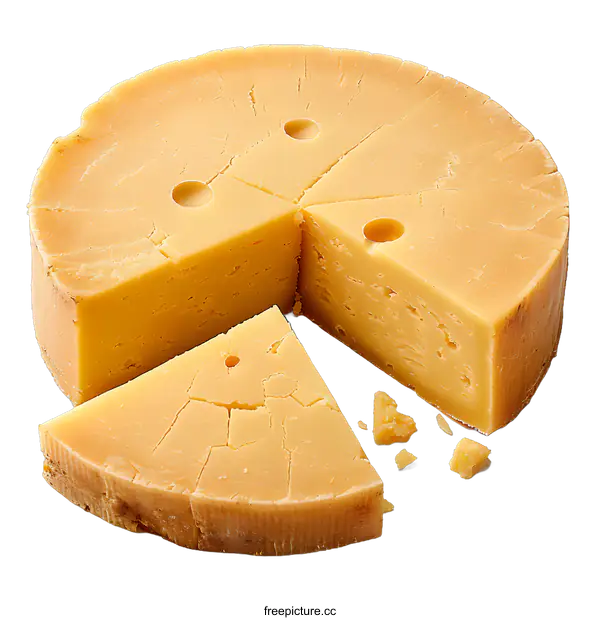 [Transparent Background PNG]A wheel of cheese with a missing slice