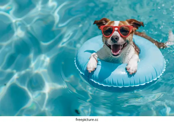 A happy dog wearing sunglasses is swimming in a pool