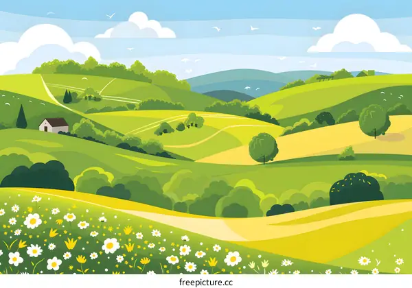 Summer Landscape with Green Hills and Daisies