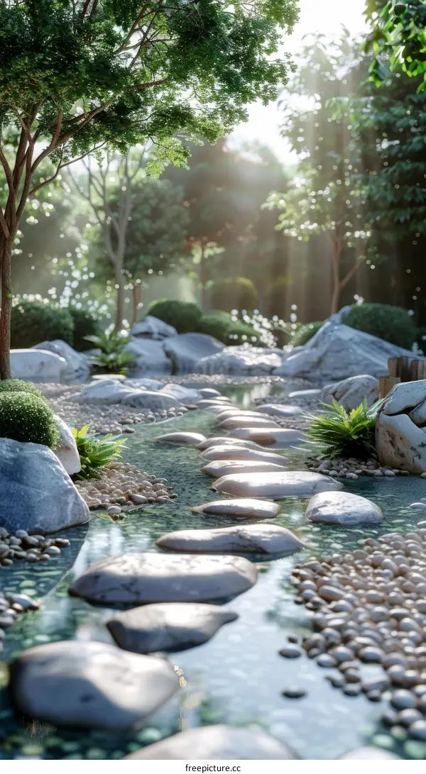 Serene Garden Stream with Sunlight