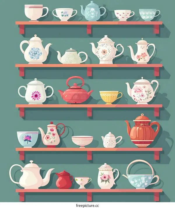 Vintage Teapots and Cups on Wooden Shelves Illustration