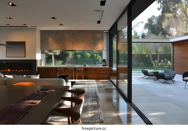 Modern Interior Design with Large Windows and View of Patio