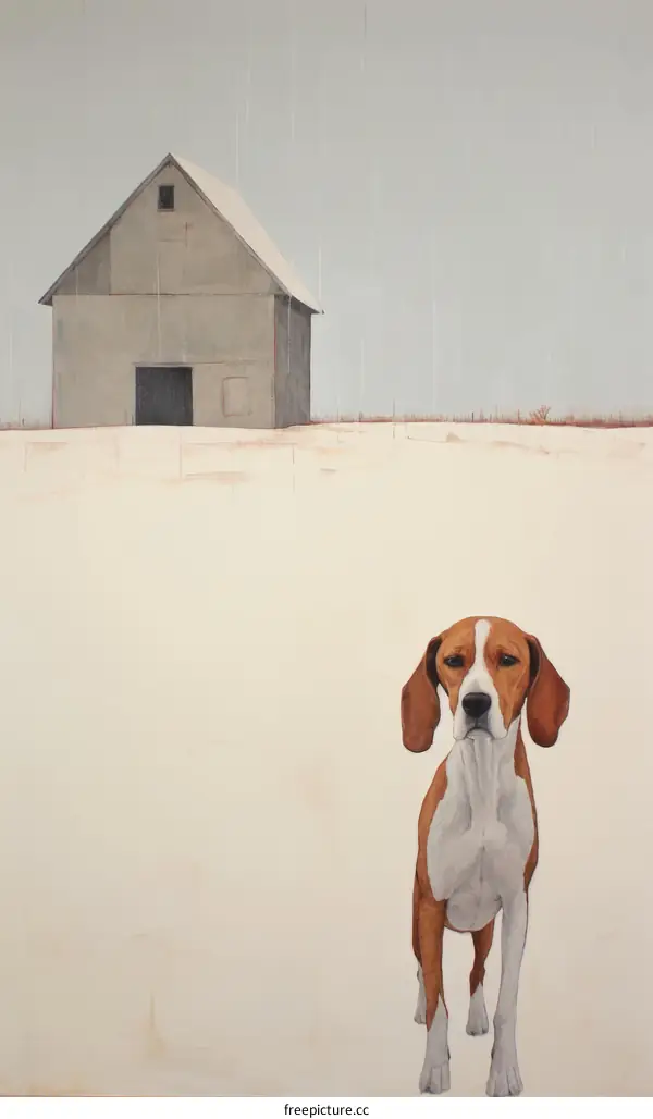 Beagle Dog Standing near a Red Barn