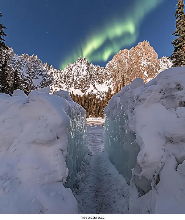 Snowy Mountain Path with Northern Lights in the Night Sky