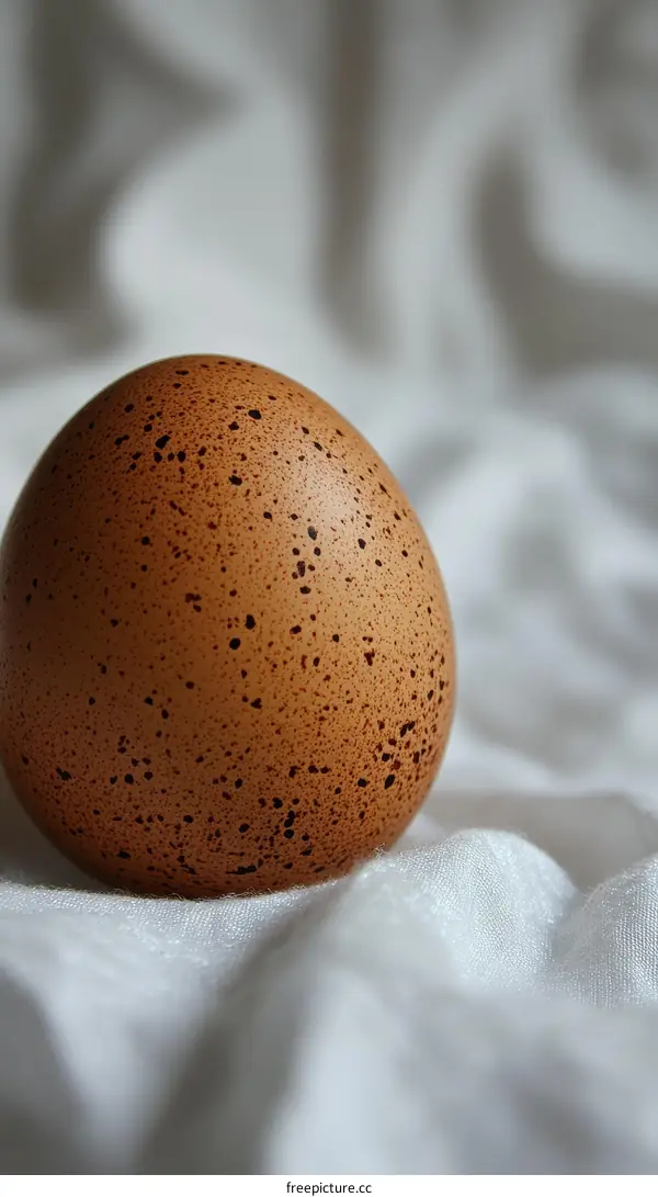 Close-up of a speckled brown egg on white fabric