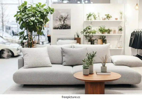 Modern Gray Sofa in a Light Filled Living Area
