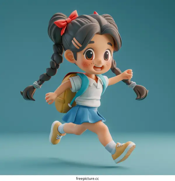 Cheery Schoolgirl Running with Backpack