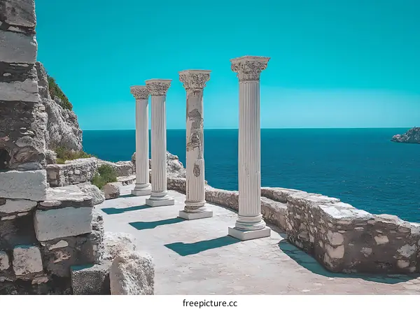 Four White Columns on a Cliff overlooking the Mediterranean Sea
