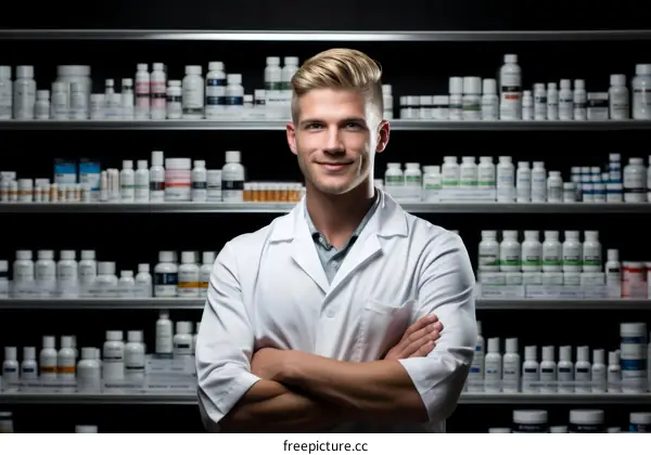 Portrait of a male pharmacist in a white coat standing in a pharmacy with shelves of medication in the background