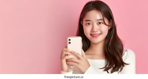 Smiling Asian Woman Holding Smartphone Against Pink Background