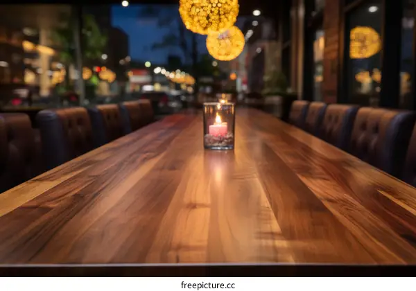 Long wooden table in a restaurant with a candle in the center