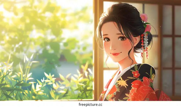 A beautiful Japanese woman in a kimono standing in front of a window.