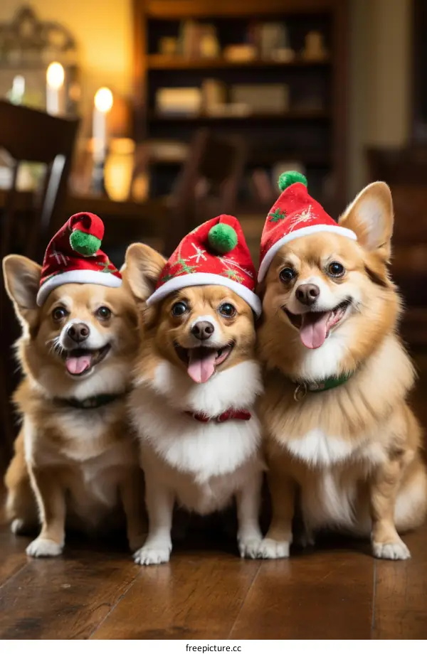 Three happy corgis wearing Santa hats
