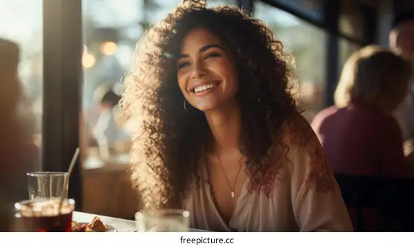 Portrait of a smiling young woman with long curly hair sitting in a restaurant