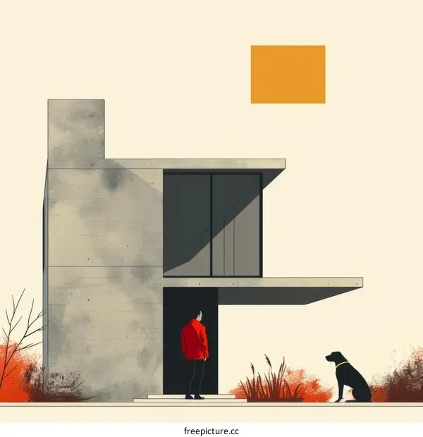 man and dog in front of a house