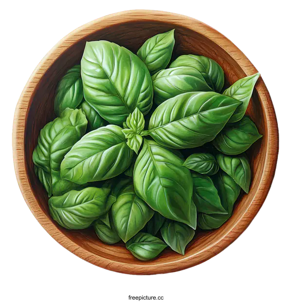 [Transparent Background PNG]Fresh Basil in Wooden Bowl Illustration