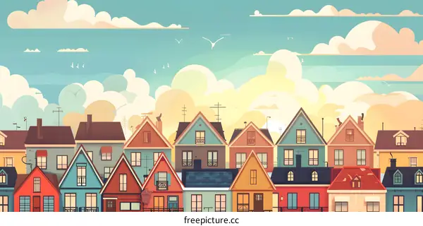 Colorful Houses Illustration with Blue Sky and Clouds