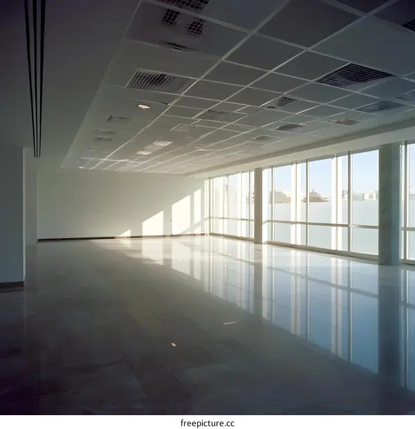 Empty Office Space with Large Windows and Tile Floor