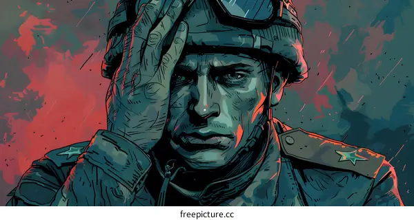 A soldier wearing a helmet and goggles looks tired and sad with his hand on his head