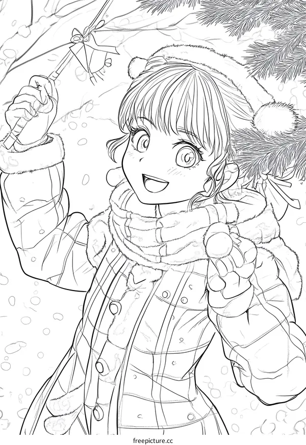 Anime Girl in Winter Outfit Holding a Snowflake