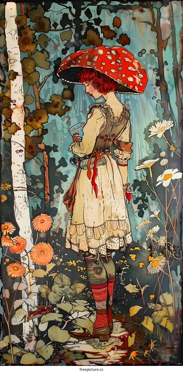 Red Haired Girl In The Forest Holding A Cup