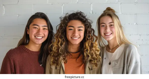 Three young women of different ethnicities smiling at the camera