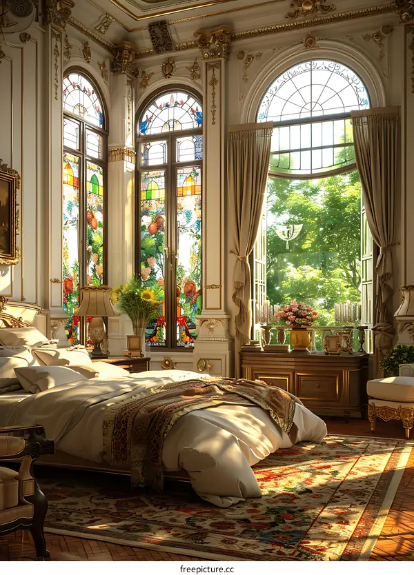 A bedroom with a white bed, a white and gold dresser, a green rug, and stained glass windows.