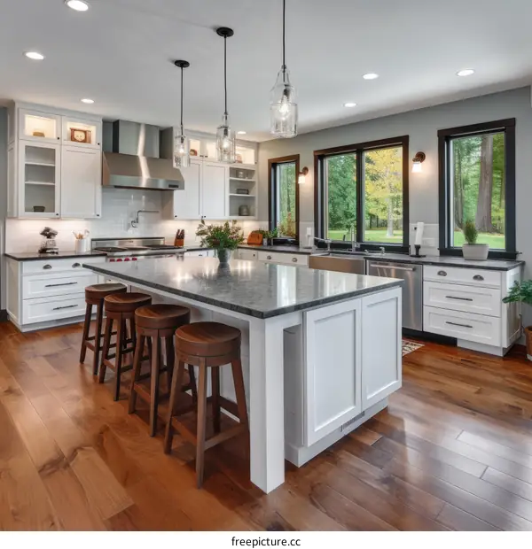 Modern kitchen with white cabinets and stainless steel appliances