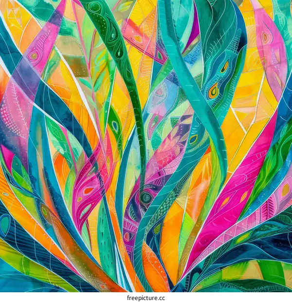 Colorful Abstract Painting of Tropical Leaves and Plants