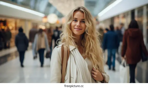 Portrait of a young blonde woman smiling in a shopping mall