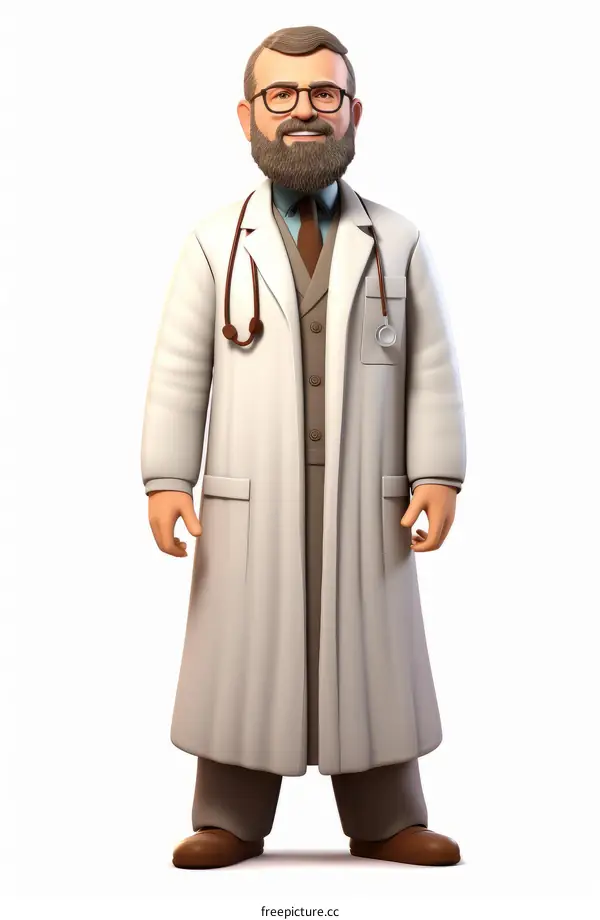 A male doctor with a beard is wearing a white coat and stethoscope.