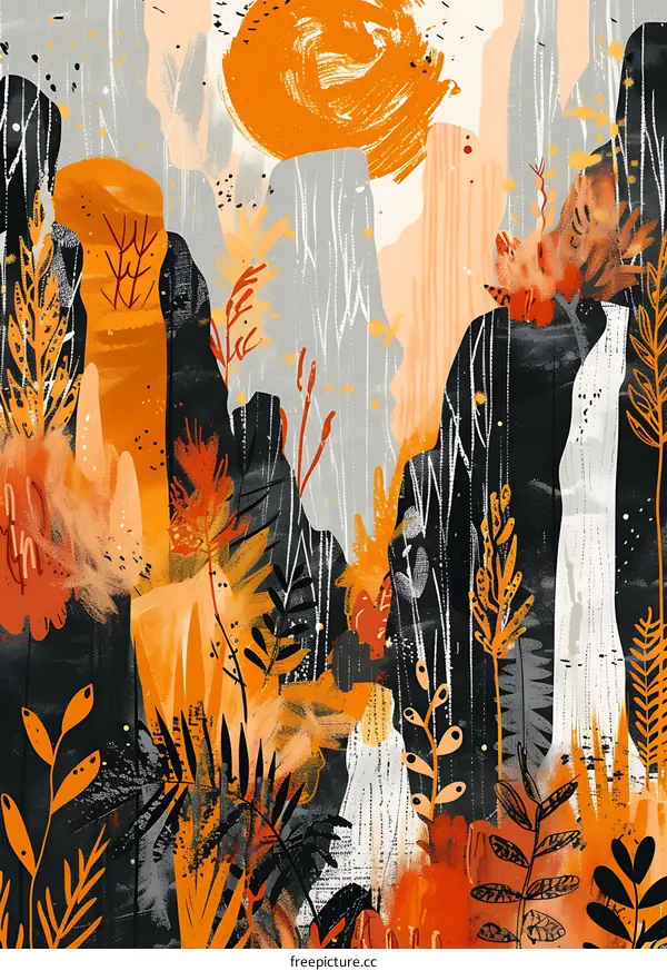 Abstract Art Painting Of Orange And Gray Foliage