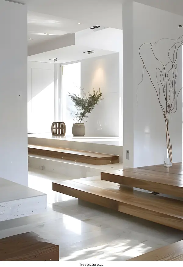 Modern Minimalist Interior Design with Wooden Platform