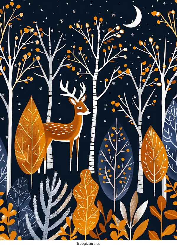 Forest Animals Illustration With Deer In Winter